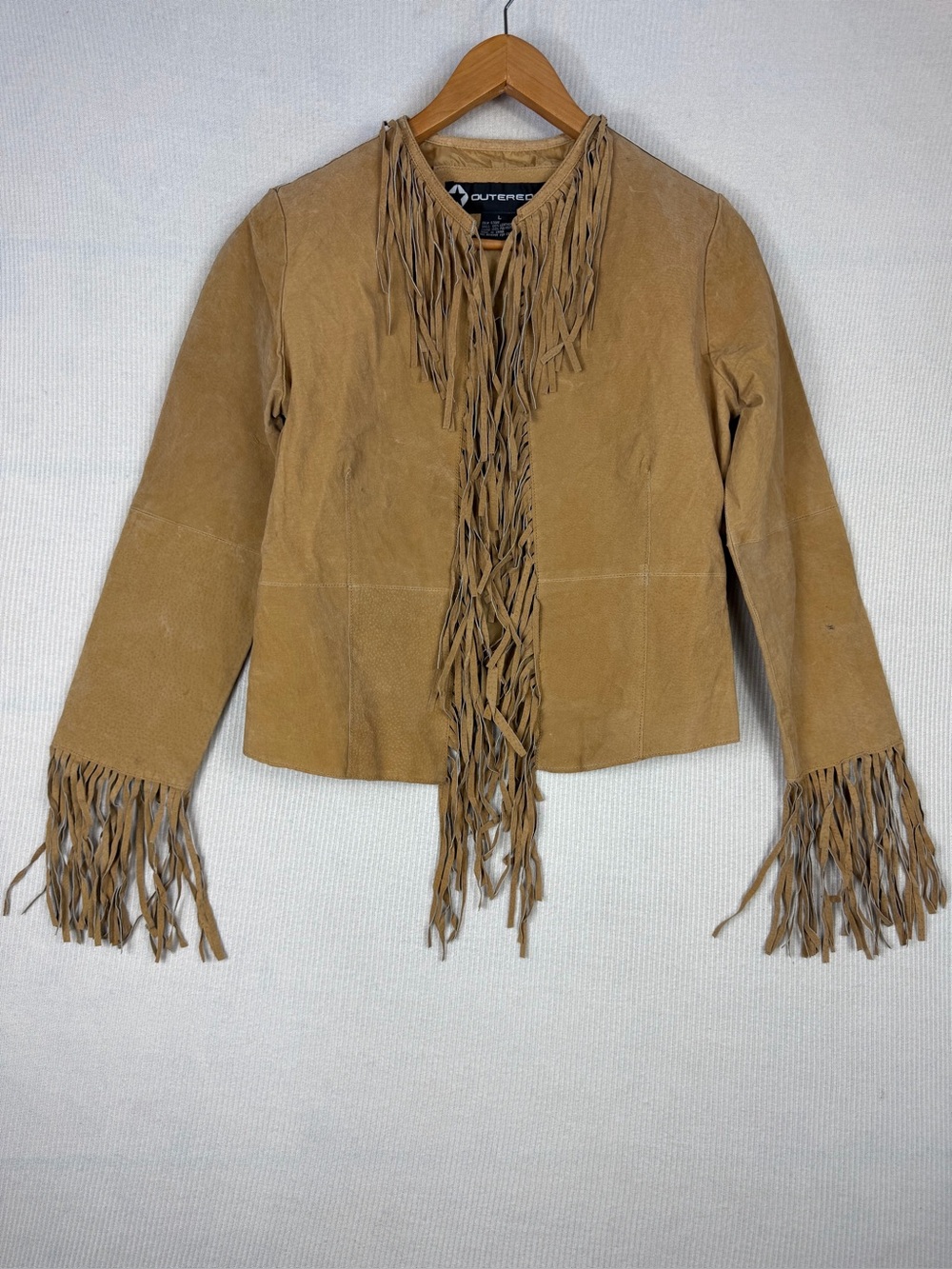 Vintage Outer Edge Genuine Leather Fringe Jacket Women L Tan Western Boho Suede - Picture 2 of 12